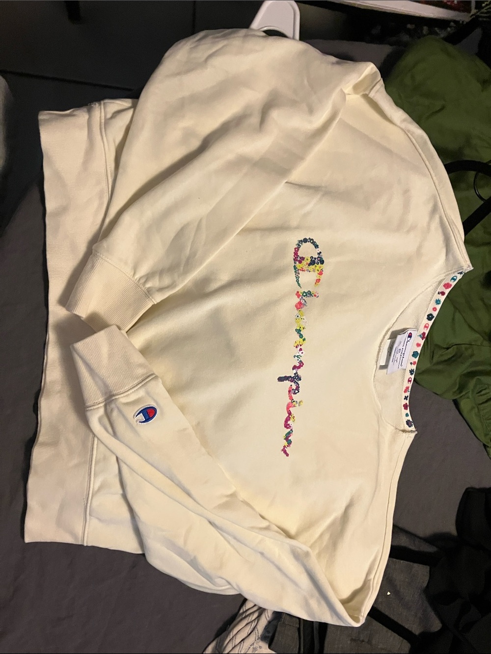 Champion Cream Crewneck with Multicolor Floral Script Logo